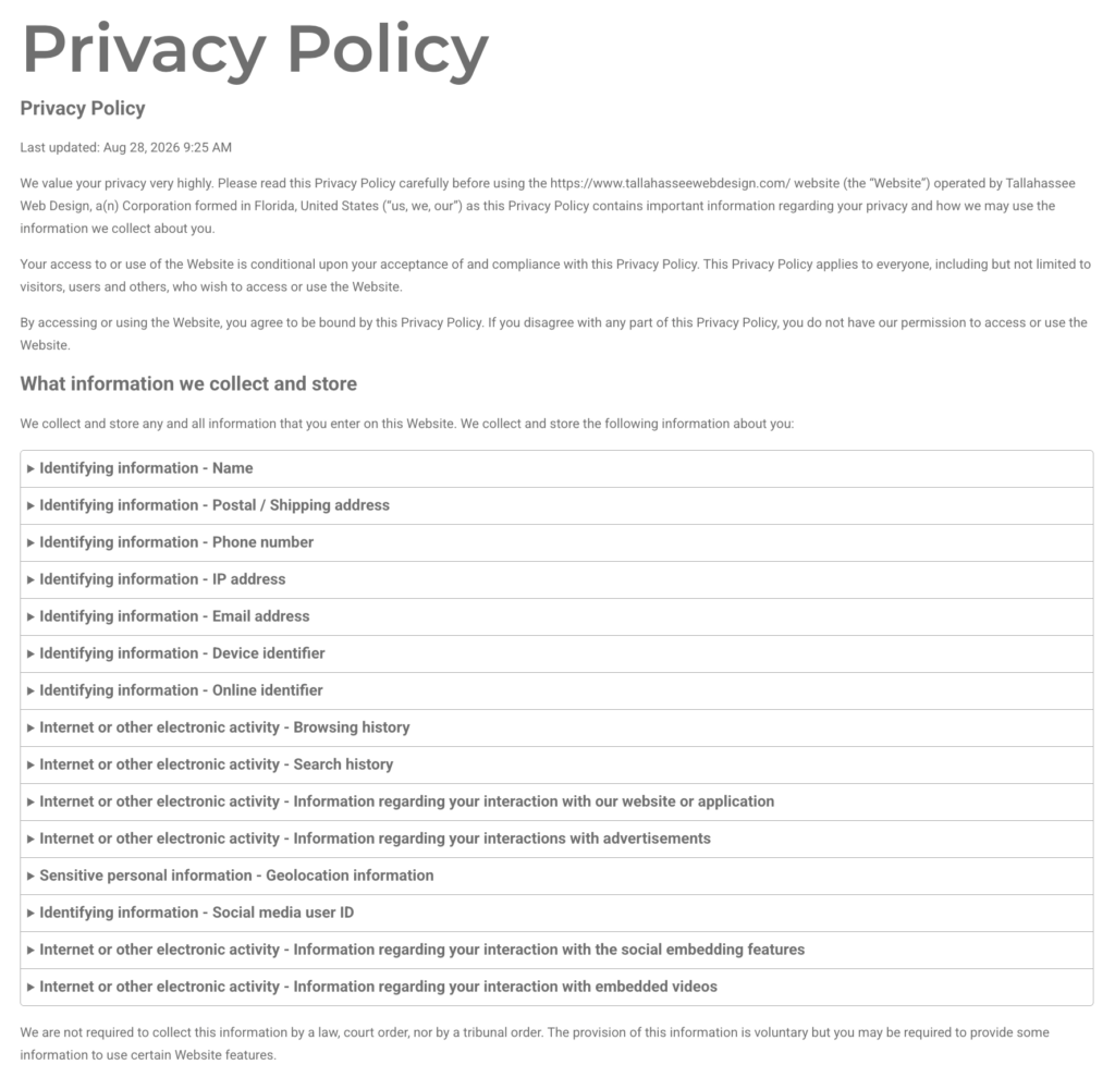 Sample website privacy policy screen