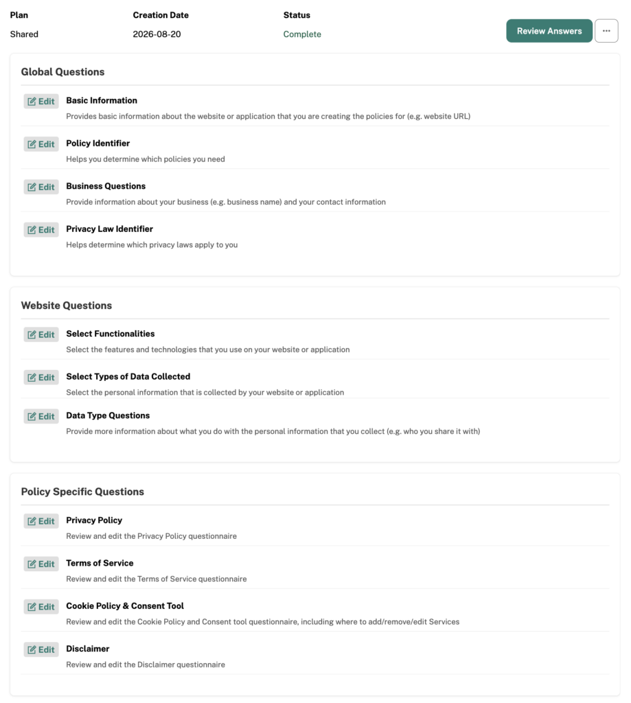 Privacy policy generation system screenshot