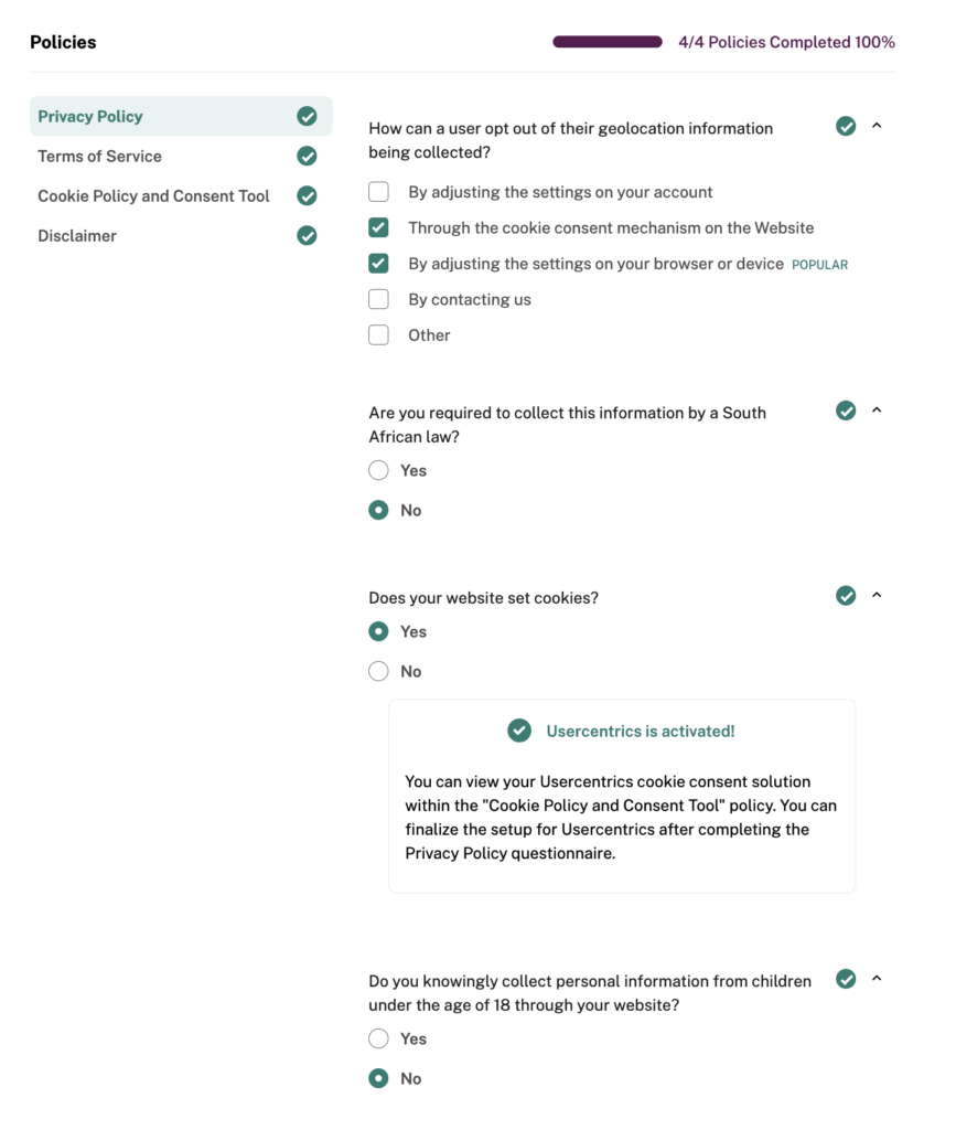 Privacy policy software screenshot